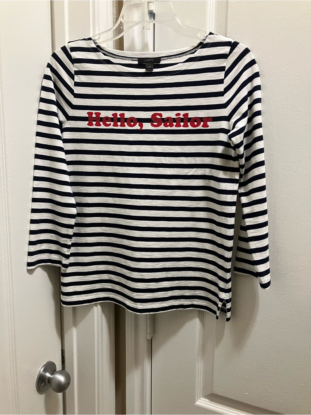 J. Crew Navy & White Striped Boatneck Top with Red Script